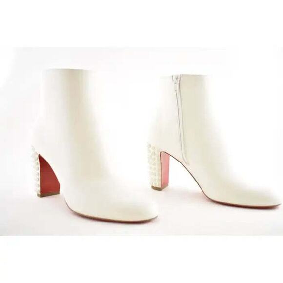 Christian Louboutin Suzi Folk 85 White Snow Leather Spike Ankle Heel Bootie 35 - Picture 4 of 10